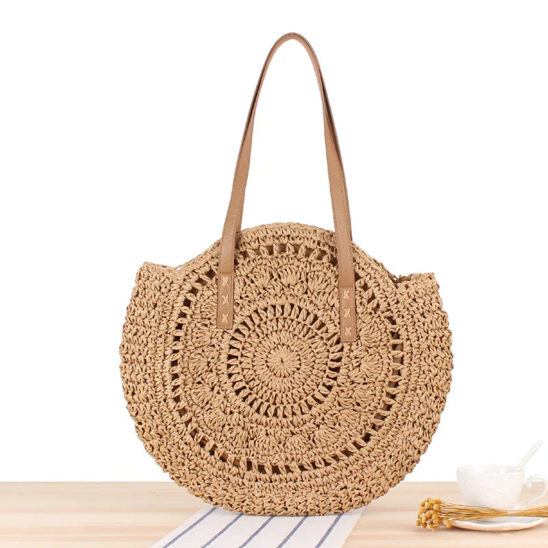 Round Summer Beach Shoulder Bag Women Vintage Straw Bag Female CrossBody Handbag