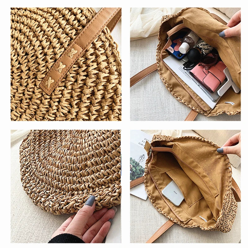 Round Straw Beach Shoulder Bag Women Crossbody Handbag Tote Bag