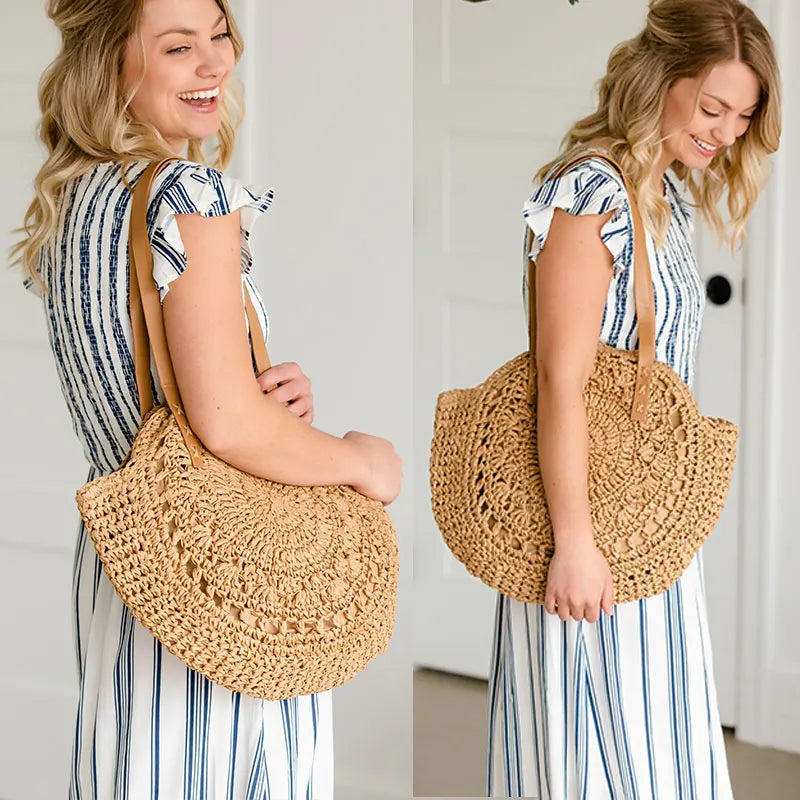 Round Summer Beach Shoulder Bag Women Vintage Straw Bag Female CrossBody Handbag
