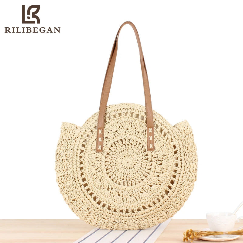 Round Summer Beach Shoulder Bag Women Vintage Straw Bag Female CrossBody Handbag