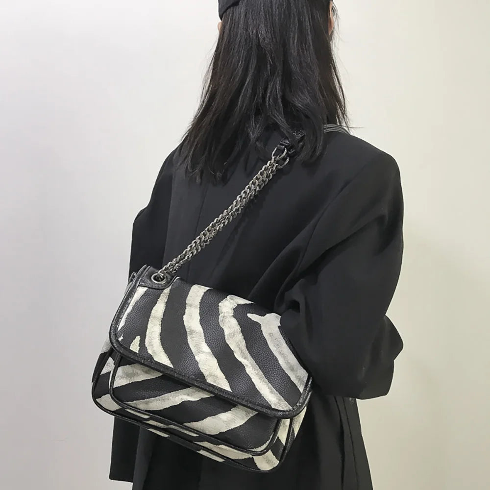 Zebra-Striped Chains Shoulder Bag for Women