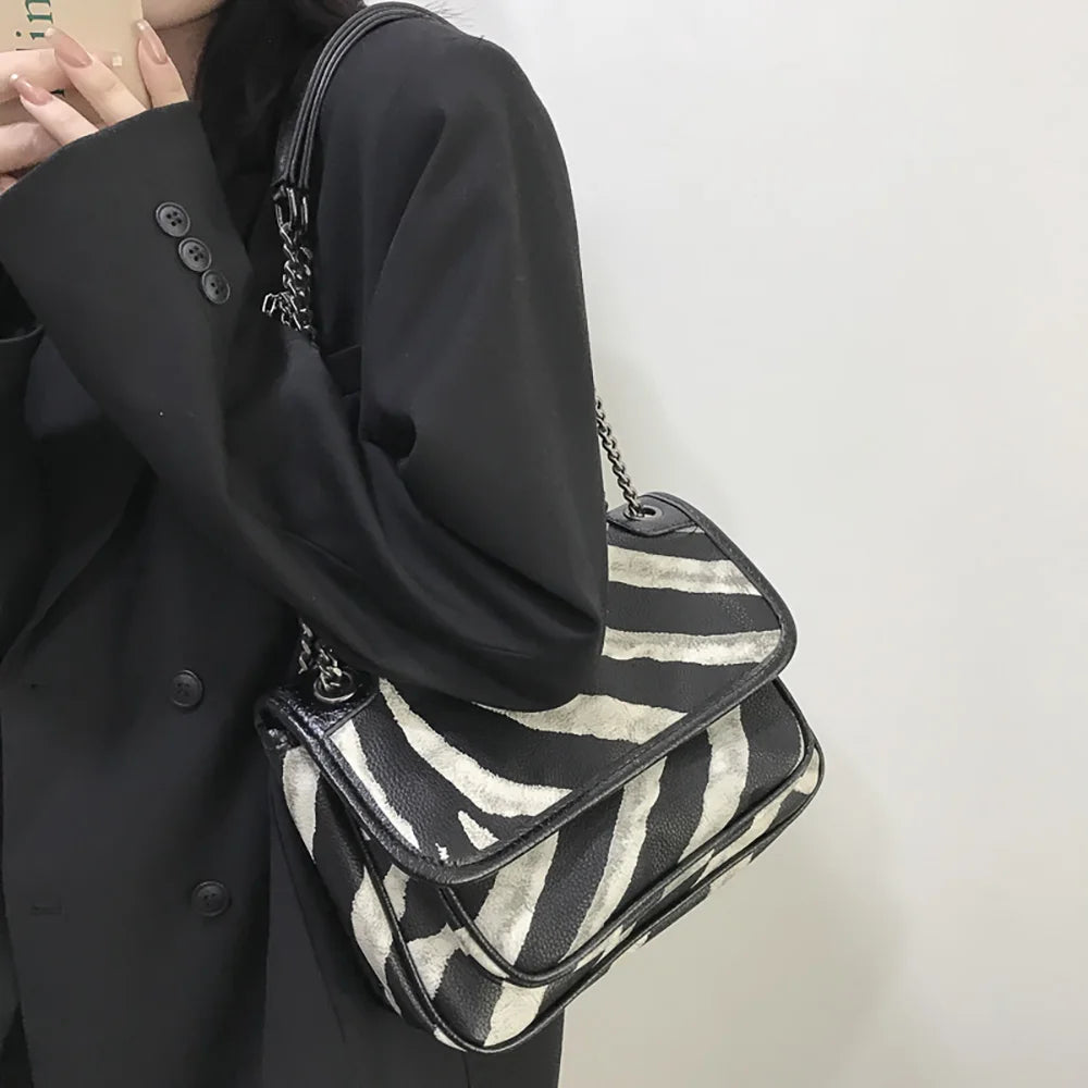 Zebra-Striped Chains Shoulder Bag for Women