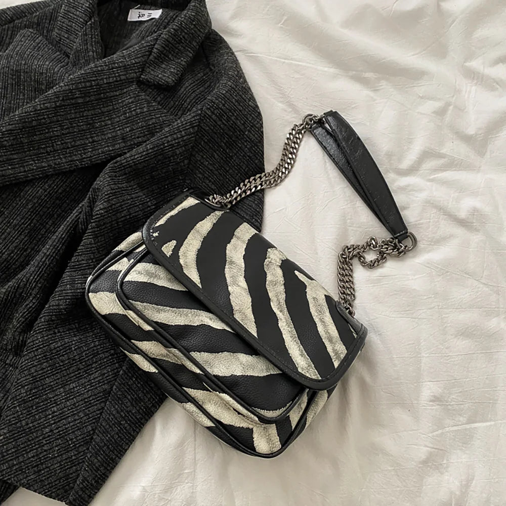 Zebra-Striped Chains Shoulder Bag for Women