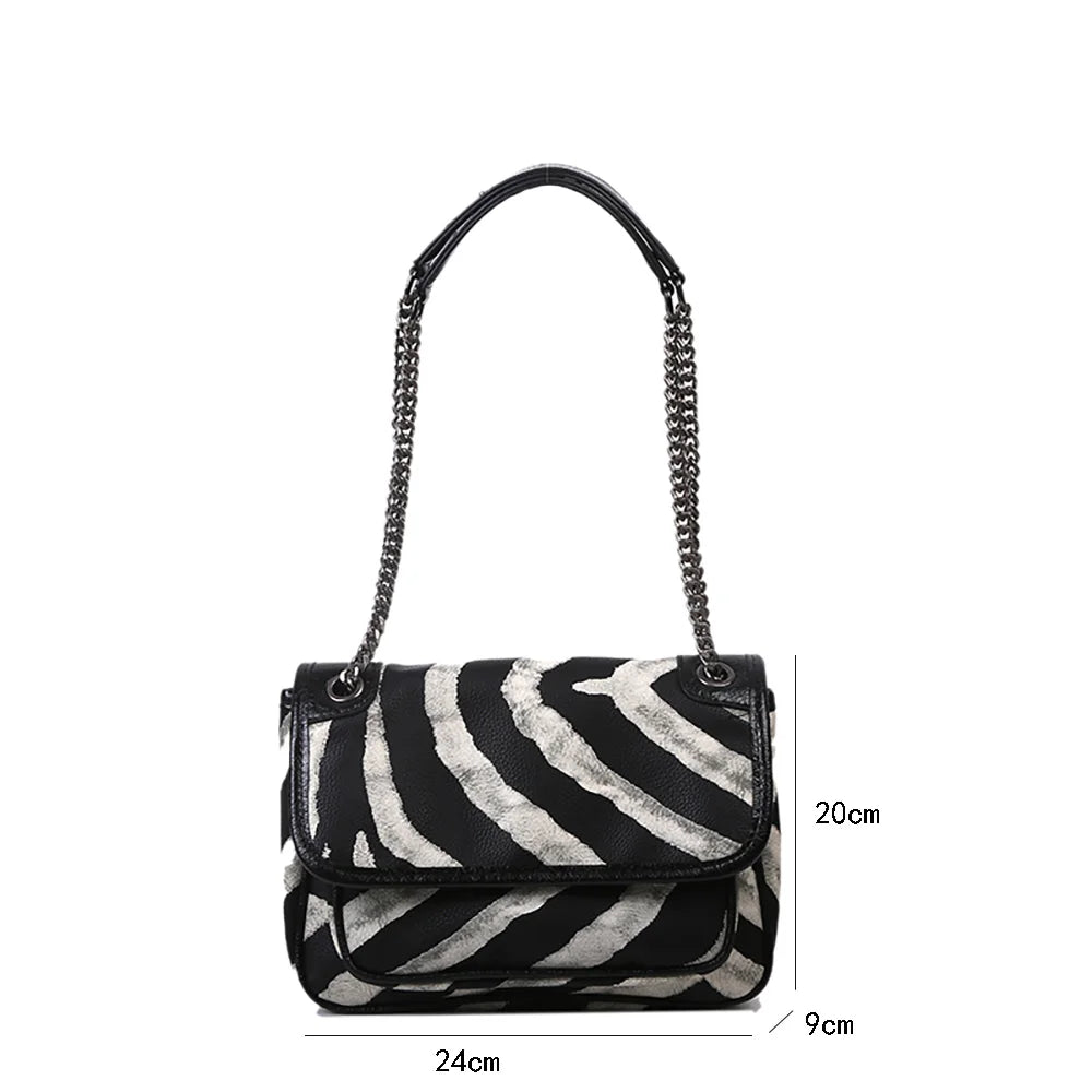 Zebra-Striped Chains Shoulder Bag for Women