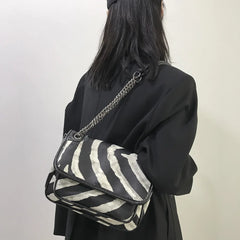 Zebra-Striped Chains Shoulder Bag for Women