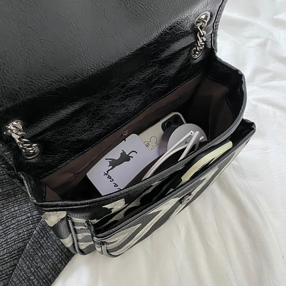 Zebra-Striped Chains Shoulder Bag for Women
