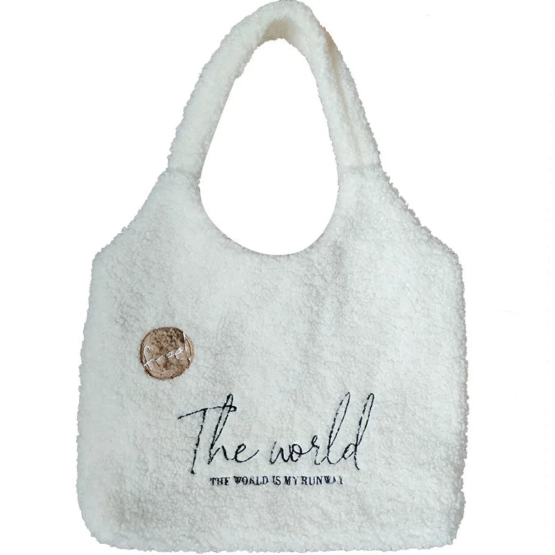 Embroidered Lamb Hair Shoulder Bag for Girls, Autumn/Winter, Large Capacity