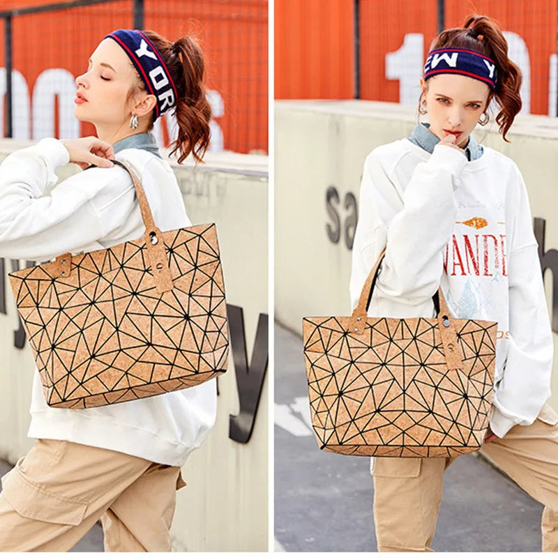 Cork Shoulder Bag Set Wood Grain Tote Chain Handbag