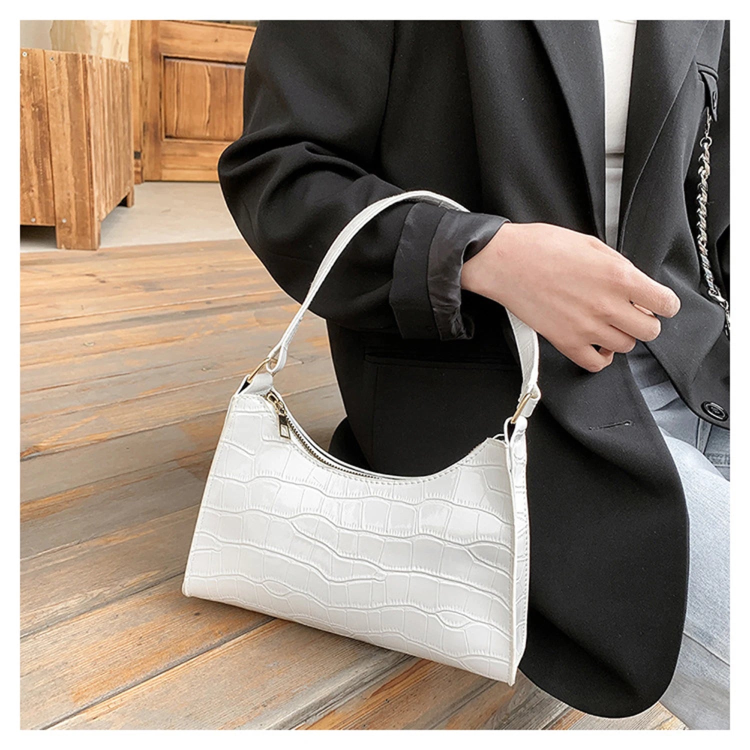 Crocodile Pattern One-Shoulder Bag Women's Retro Baguette