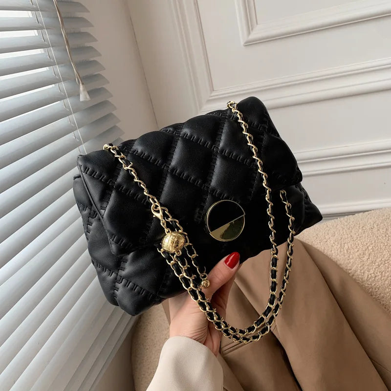 Solid Chain Shoulder Bag with Square Lock for Women