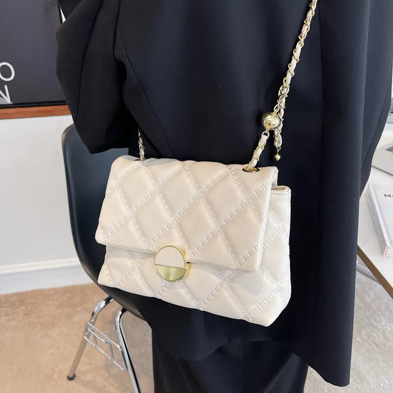 Solid Chain Shoulder Bag with Square Lock for Women