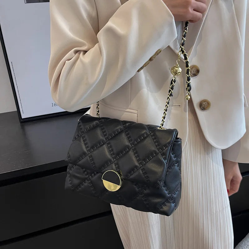 Solid Chain Shoulder Bag with Square Lock for Women