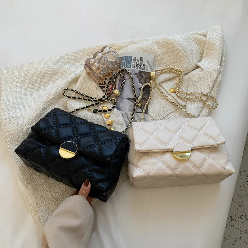 Solid Chain Shoulder Bag with Square Lock for Women