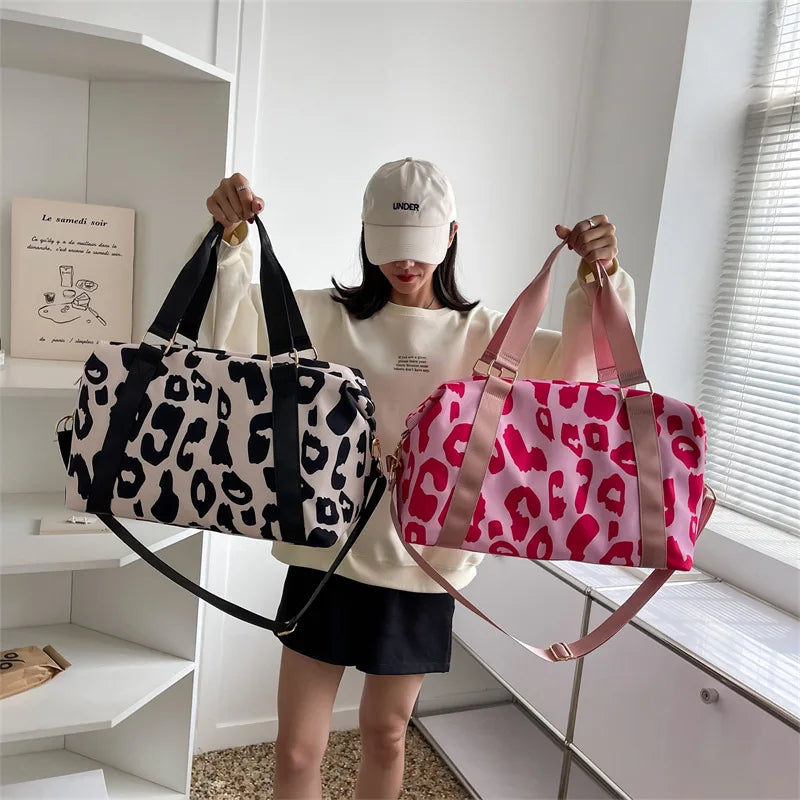 Leopard Big Nylon Bag Tote Handbags Fitness Gym Bag Ladies Weekend Pink Bag