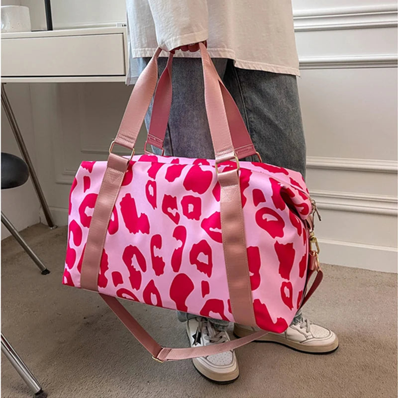 Leopard Big Nylon Bag Tote Handbags Fitness Gym Bag Ladies Weekend Pink Bag