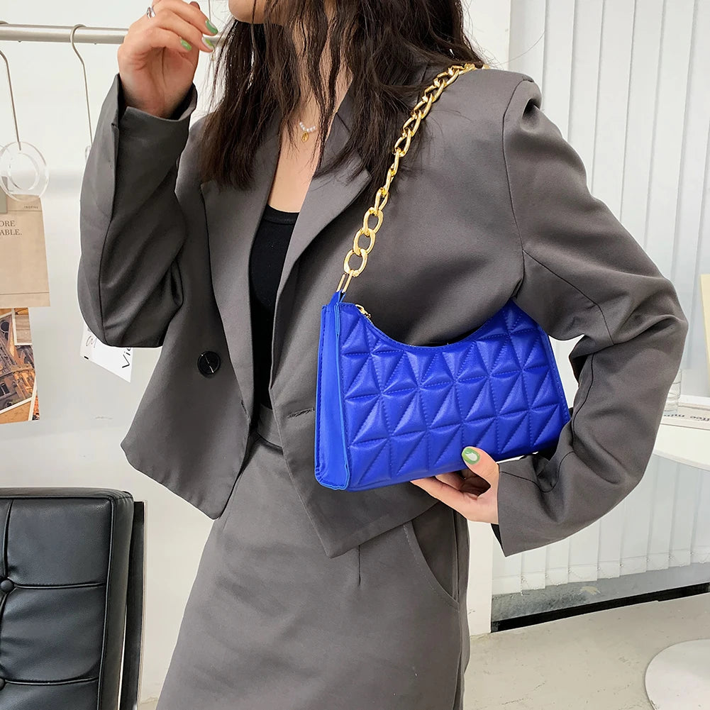 Women Shoulder Bag PU Leather Solid Colors Plaid Casual Handbag