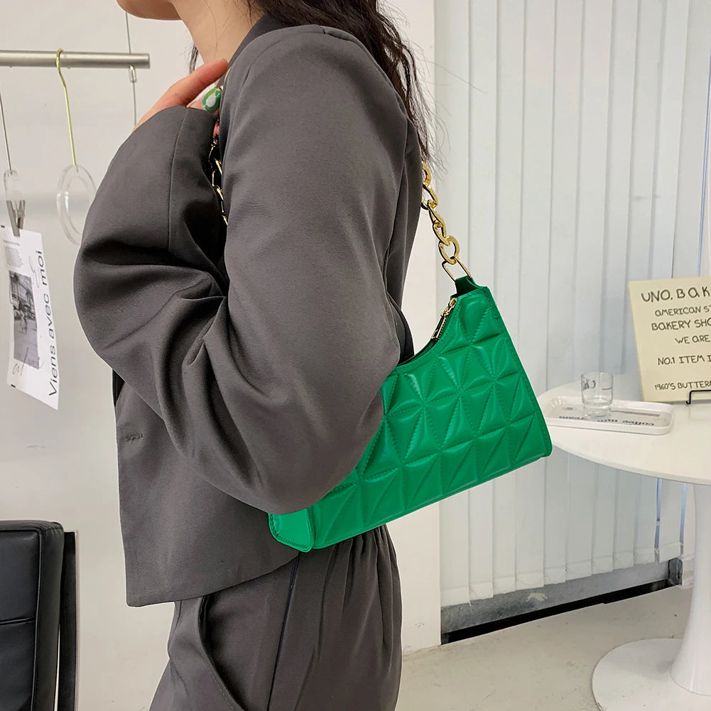 Women Shoulder Bag PU Leather Solid Colors Plaid Casual Handbag