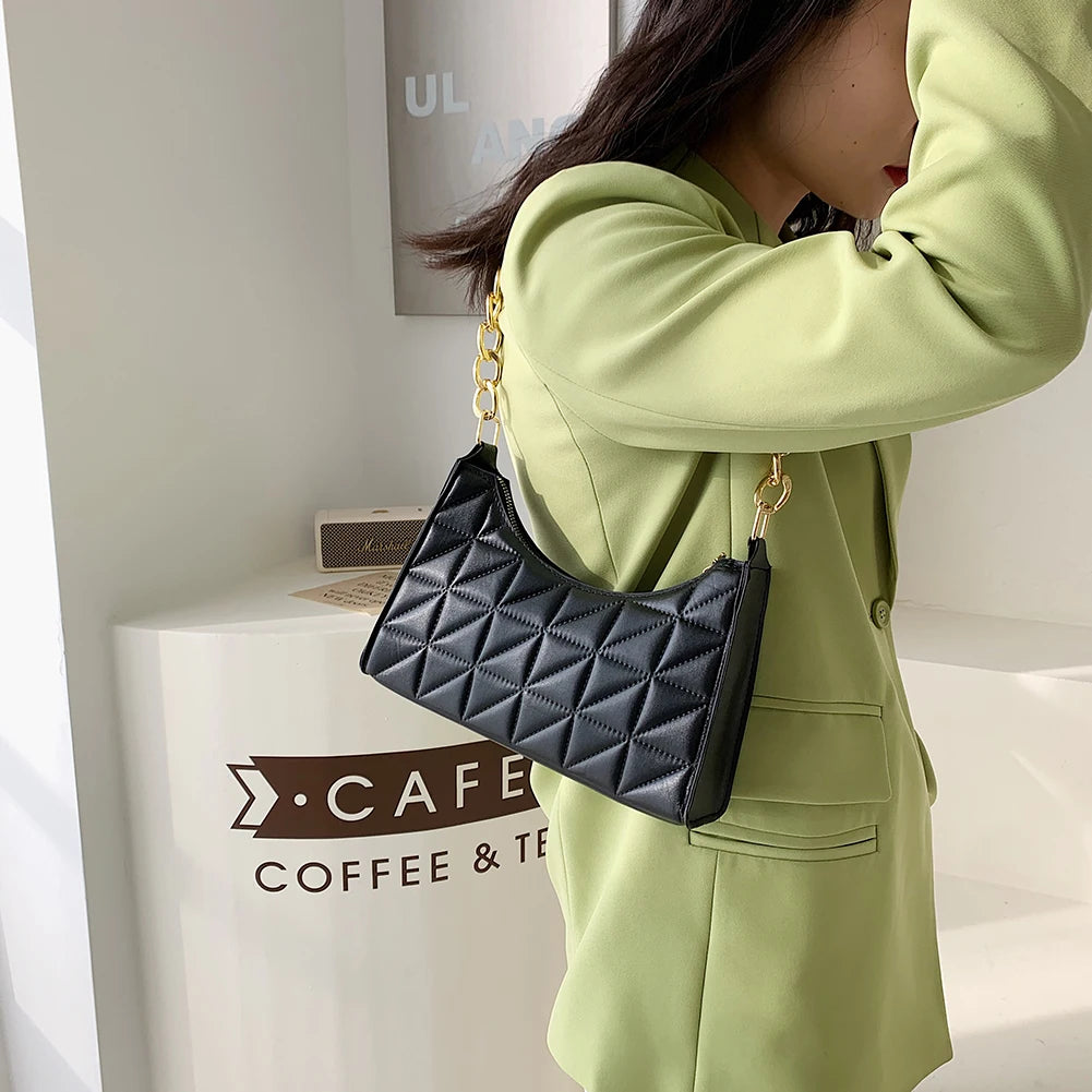 Women Shoulder Bag PU Leather Solid Colors Plaid Casual Handbag