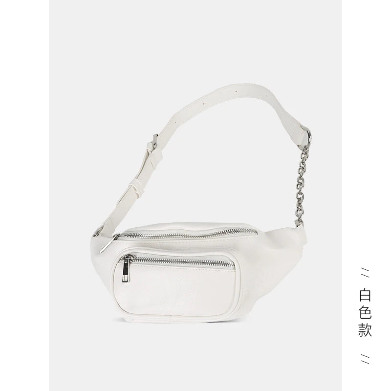 Women's Waist Bag PU Leather Chain Chest Bag Motorcycle Style