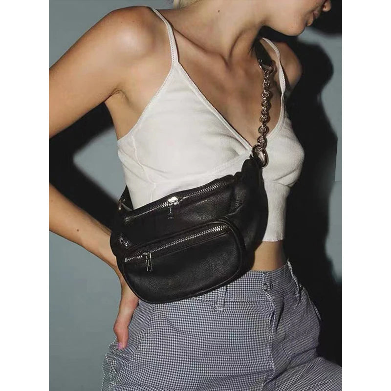Women's Waist Bag PU Leather Chain Chest Bag Motorcycle Style