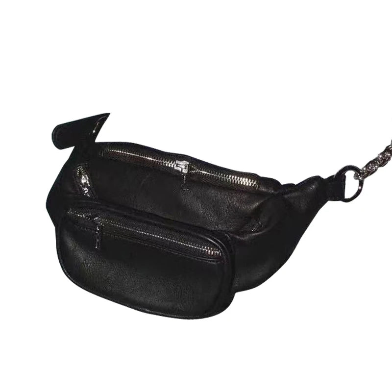 Women's Waist Bag PU Leather Chain Chest Bag Motorcycle Style