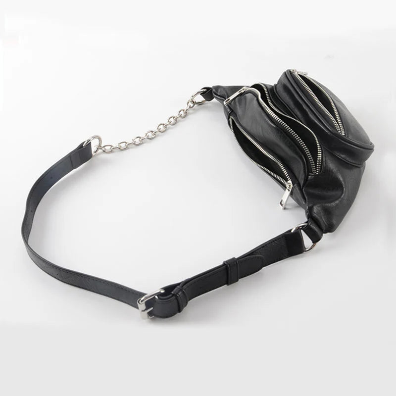 Women's Waist Bag PU Leather Chain Chest Bag Motorcycle Style