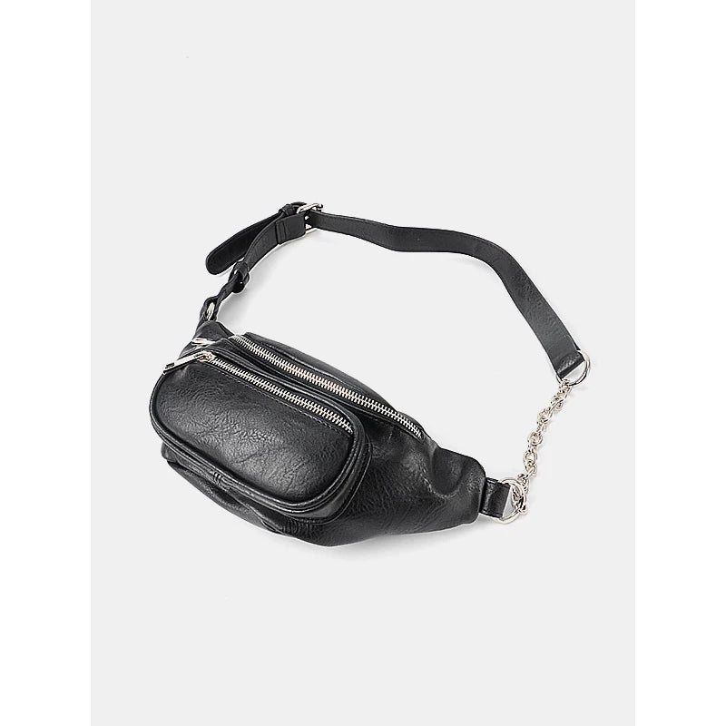 Women's Waist Bag PU Leather Chain Chest Bag Motorcycle Style