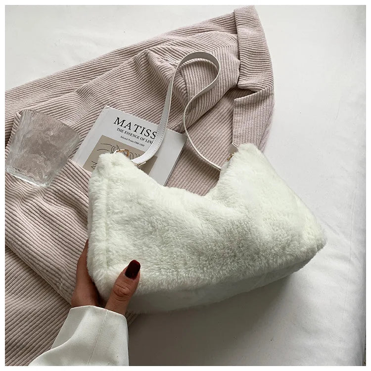Winter Women Soft Plush Shoulder Bag Faux Furry Ladies Small Tote