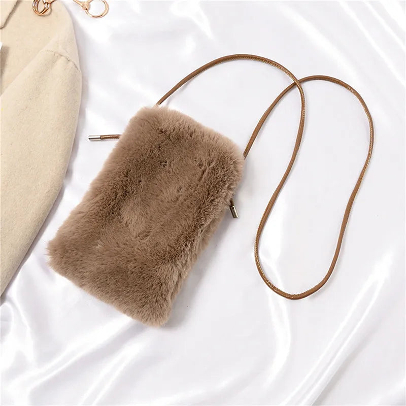 Faux Fur Crossbody Bag Small Women Solid Mini Cell Phone Purses