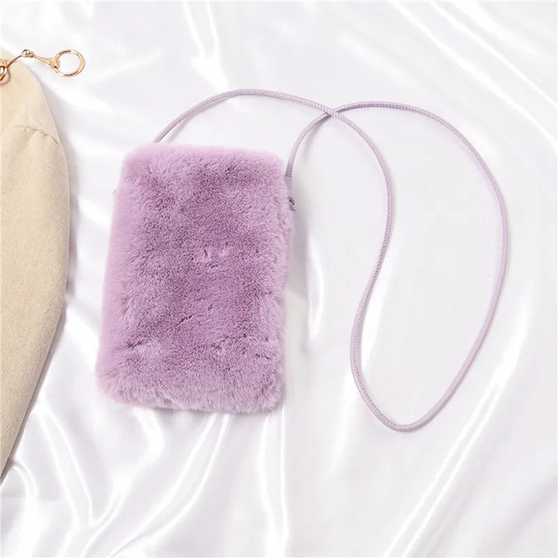 Faux Fur Crossbody Bag Small Women Solid Mini Cell Phone Purses