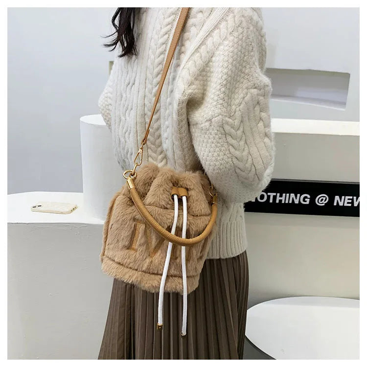 Furry Plush Drawstring Handbags for Women