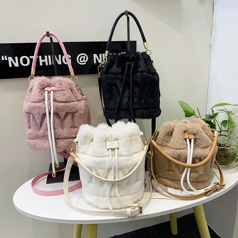 Furry Plush Drawstring Handbags for Women