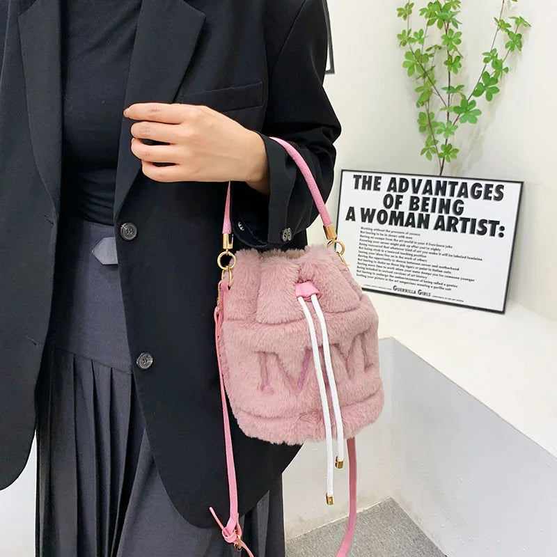 Furry Plush Drawstring Handbags for Women