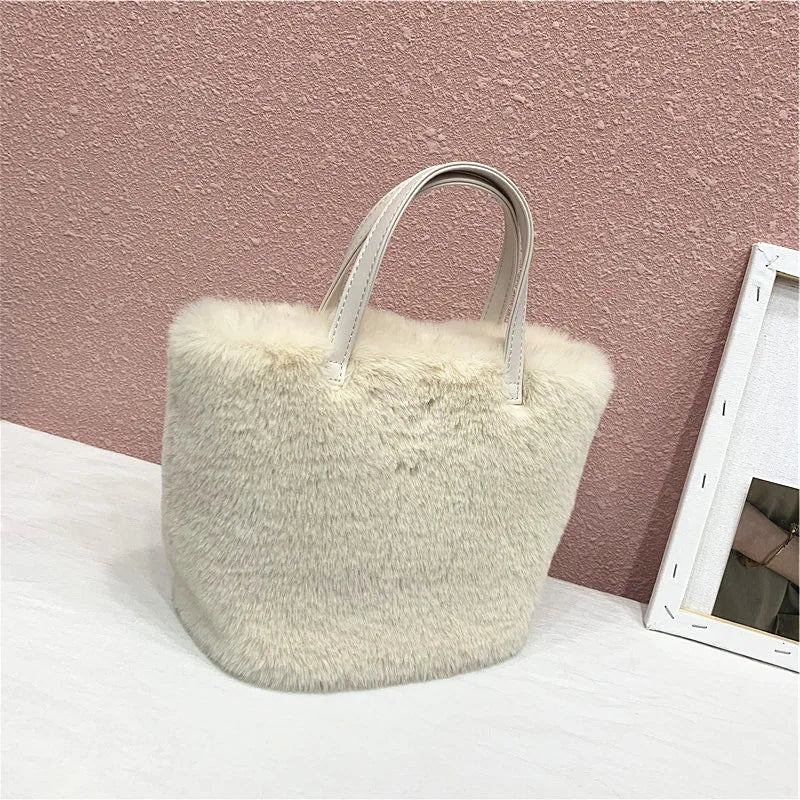 Winter Plush Female Shoulder Bag Small Tote Bag Purse Solid