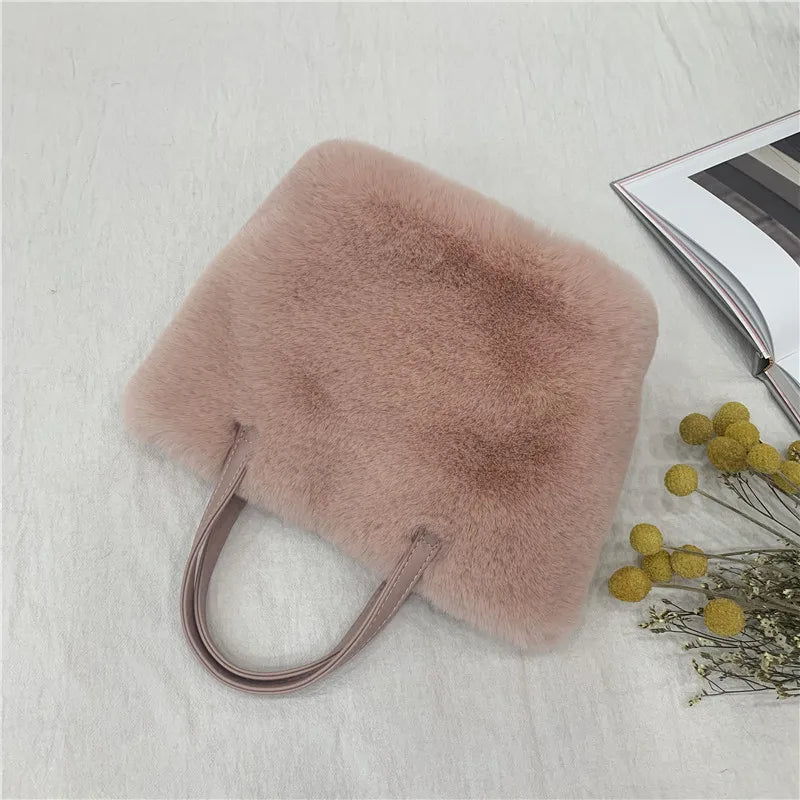 Winter Plush Female Shoulder Bag Small Tote Bag Purse Solid