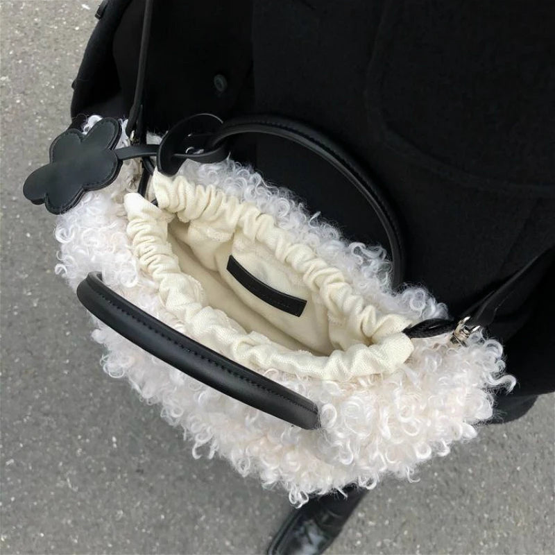 Soft Plush Shoulder Bag Women Drawstring Tote Purse Handbag