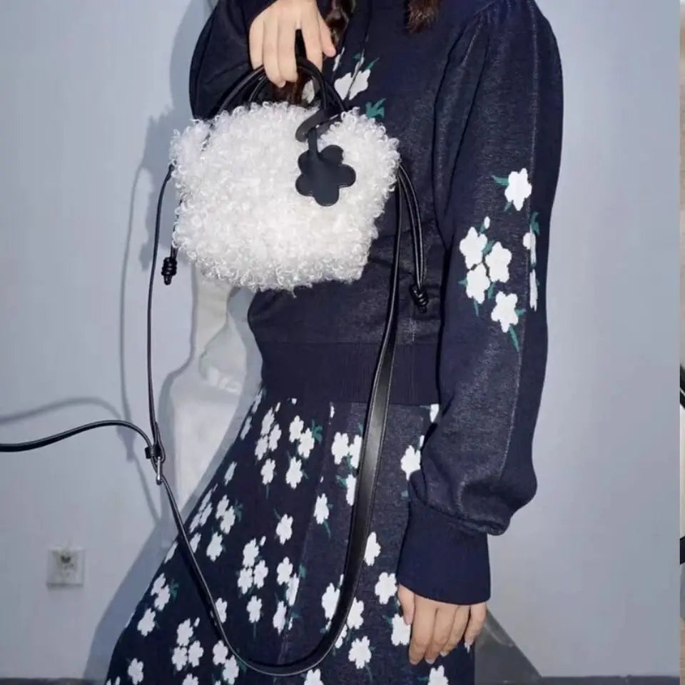 Soft Plush Shoulder Bag Women Drawstring Tote Purse Handbag