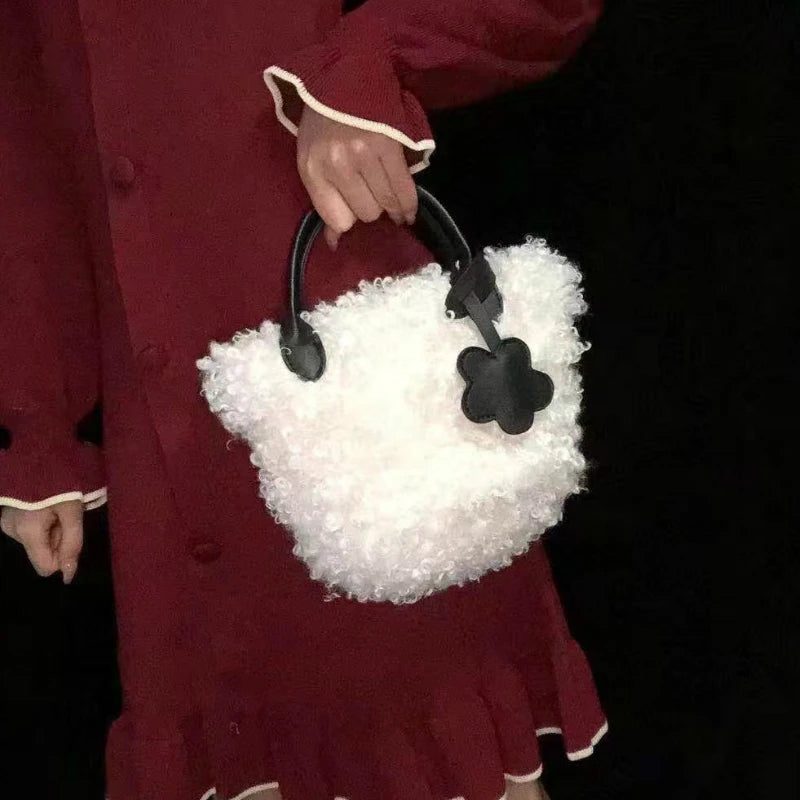 Soft Plush Shoulder Bag Women Drawstring Tote Purse Handbag