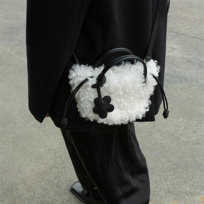 Soft Plush Shoulder Bag Women Drawstring Tote Purse Handbag