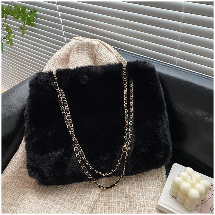 Faux Fur Shoulder Bag Women Plush Casual Sweet Tote Chains Fluffy Bolsa