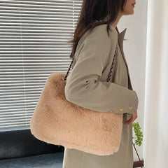 Faux Fur Shoulder Bag Women Plush Casual Sweet Tote Chains Fluffy Bolsa