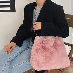 Faux Fur Shoulder Bag Women Plush Casual Sweet Tote Chains Fluffy Bolsa