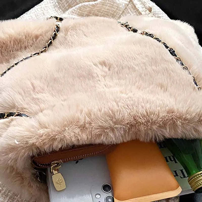 Faux Fur Shoulder Bag Women Plush Casual Sweet Tote Chains Fluffy Bolsa
