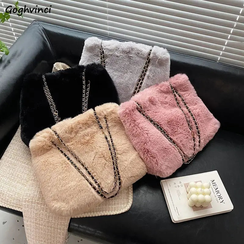 Faux Fur Shoulder Bag Women Plush Casual Sweet Tote Chains Fluffy Bolsa