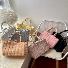 Winter Plaid Soft Tote Bag for Women Fluffy Textures Large Shopper Handbag