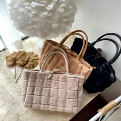 Winter Plaid Soft Tote Bag for Women Fluffy Textures Large Shopper Handbag