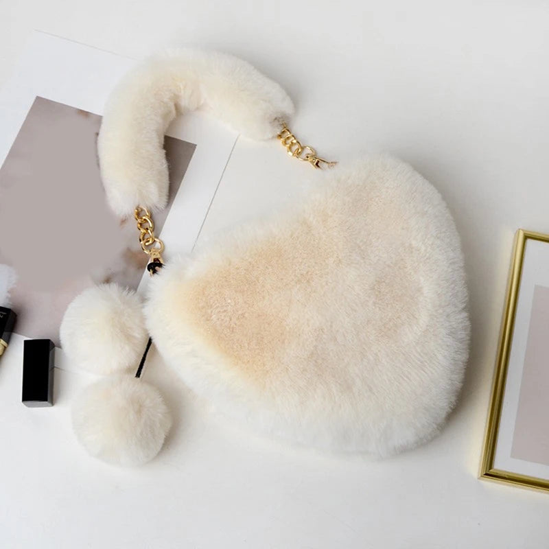 Faux Fur Women Handbag Plush Heart Shoulder Bag Cute Female Clutch Purse