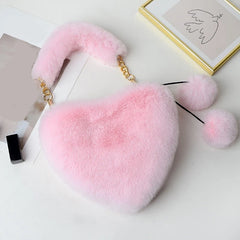 Faux Fur Women Handbag Plush Heart Shoulder Bag Cute Female Clutch Purse