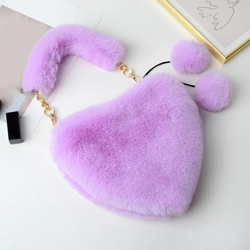 Plush Heart Shaped Shoulder Bag - Faux Fur Winter Women Handbags