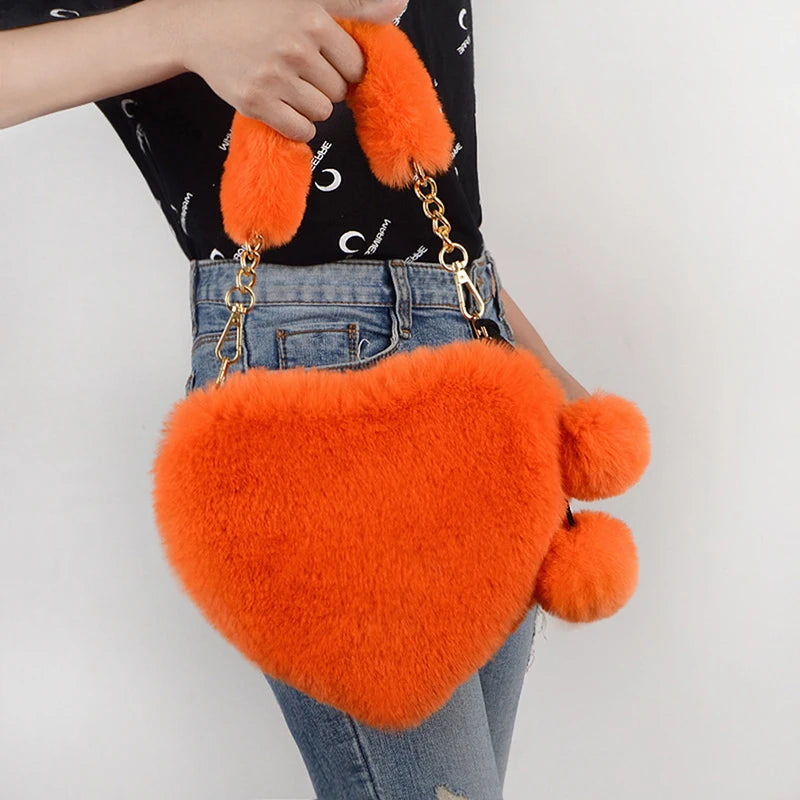 Plush Heart Shaped Shoulder Bag - Faux Fur Winter Women Handbags